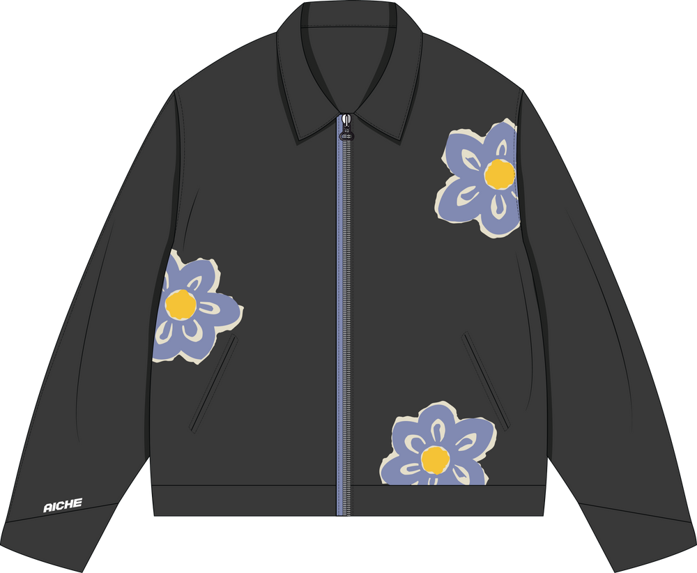 Floral Applique Zip Jacket - Charcoal