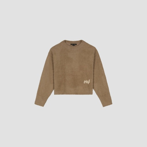 Crewneck Fluffy Cropped Sweater - Warm Brown