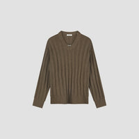Ribbed V-Neck Sweater - Olive Green
