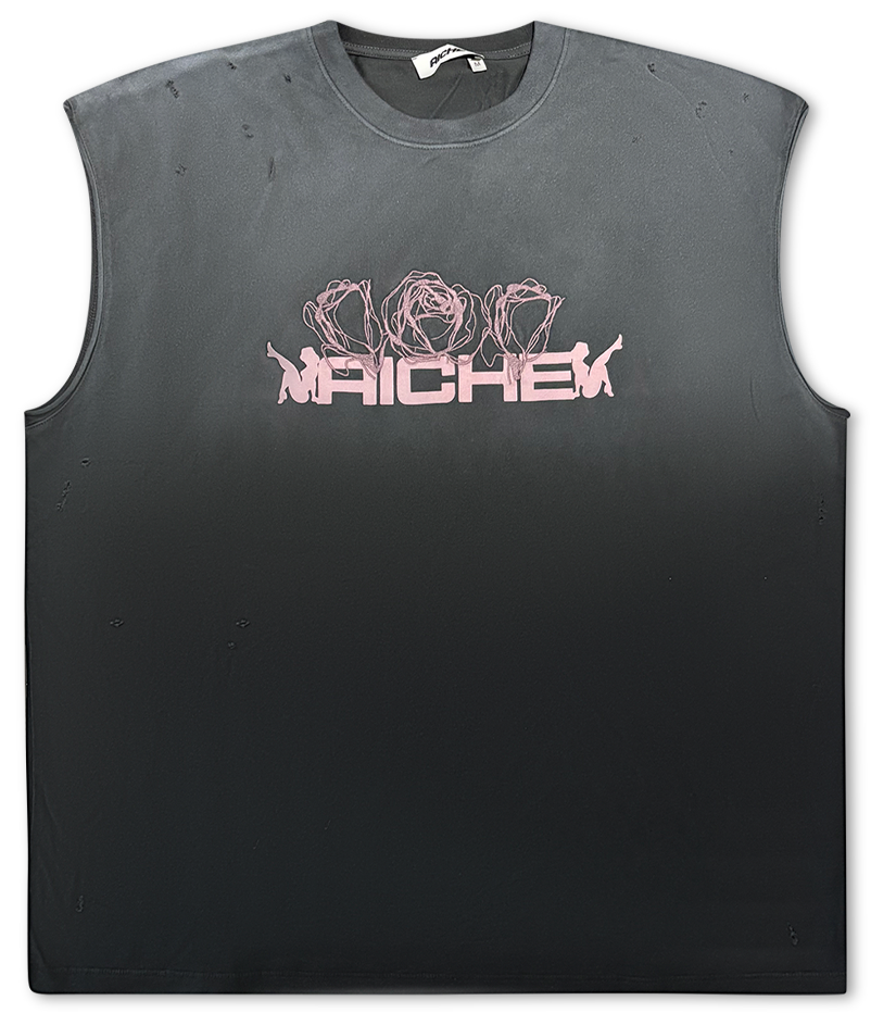 Distressed Graphic Sleeveless T-Shirt - Ombre Grey