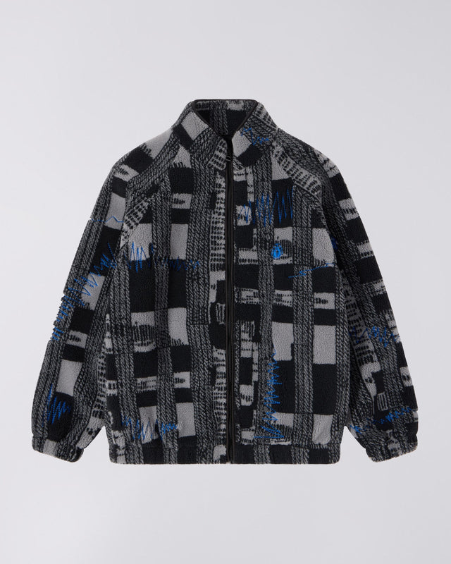 Fleece Patchwork Zip Jacket - Black/Grey Plaid