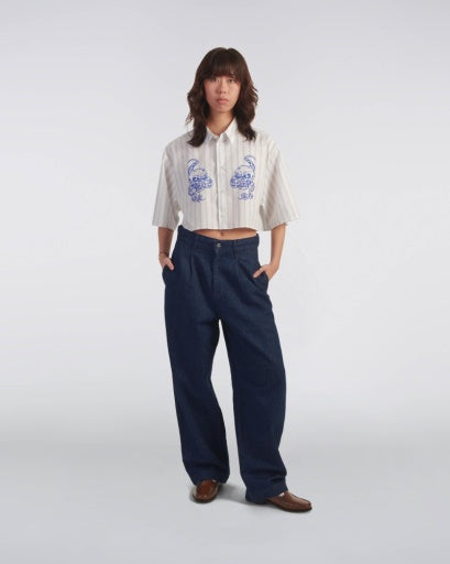 Cropped Embroidered Striped Shirt - White