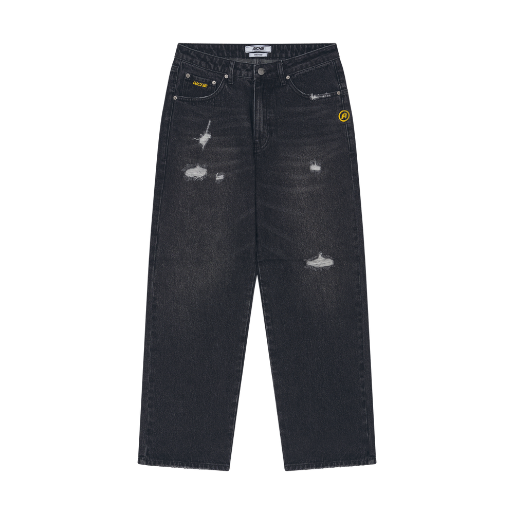 Washed Distressed Wide Jeans - Distressed Black Denim
