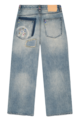 Distressed Embellished Baggy Jeans - Washed Blue