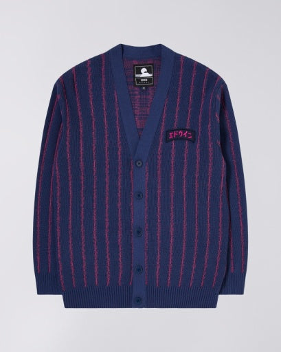 Striped V-Neck Cardigan - Navy/Pink Stripe