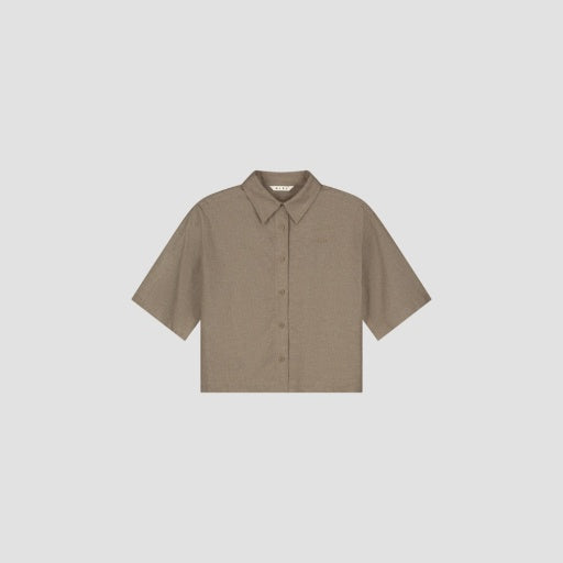 Cropped Short Sleeve Shirt - Brown Micro Check