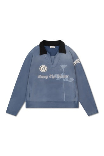 Graphic V-Neck Polo Sweatshirt - Dusty Blue