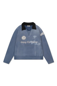 Graphic V-Neck Polo Sweatshirt - Dusty Blue