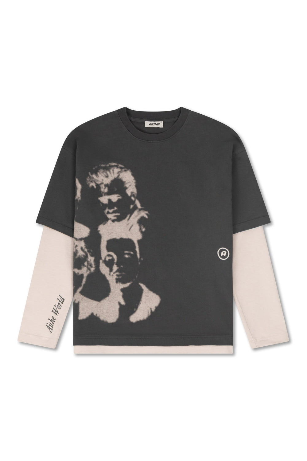 Graphic Print Layered T-Shirt - Grey/Cream