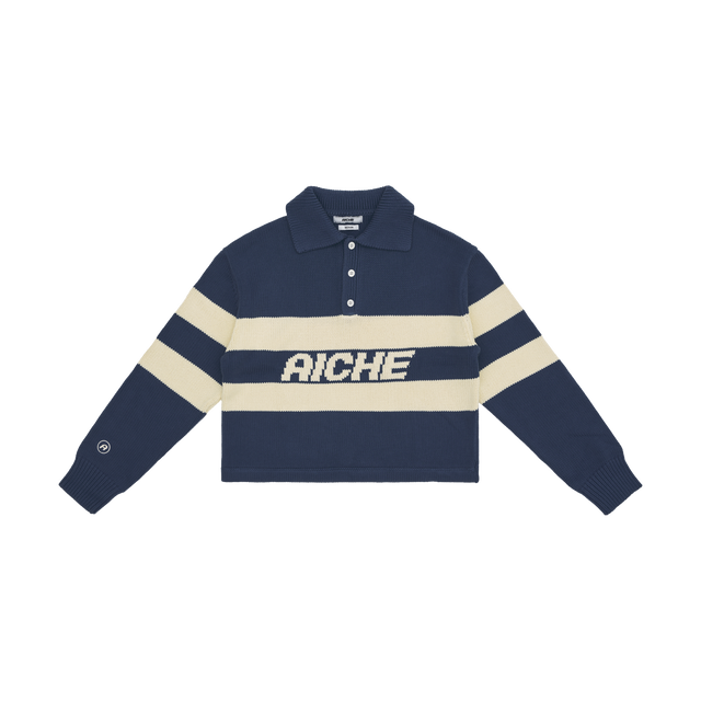 Striped Knit Polo Sweater - Navy/Cream