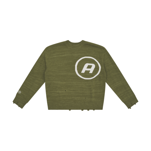 Distressed Knit Logo Sweater - Olive Green
