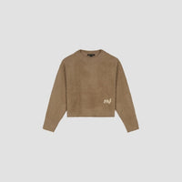 Cropped Fuzzy Crewneck Sweater - Camel