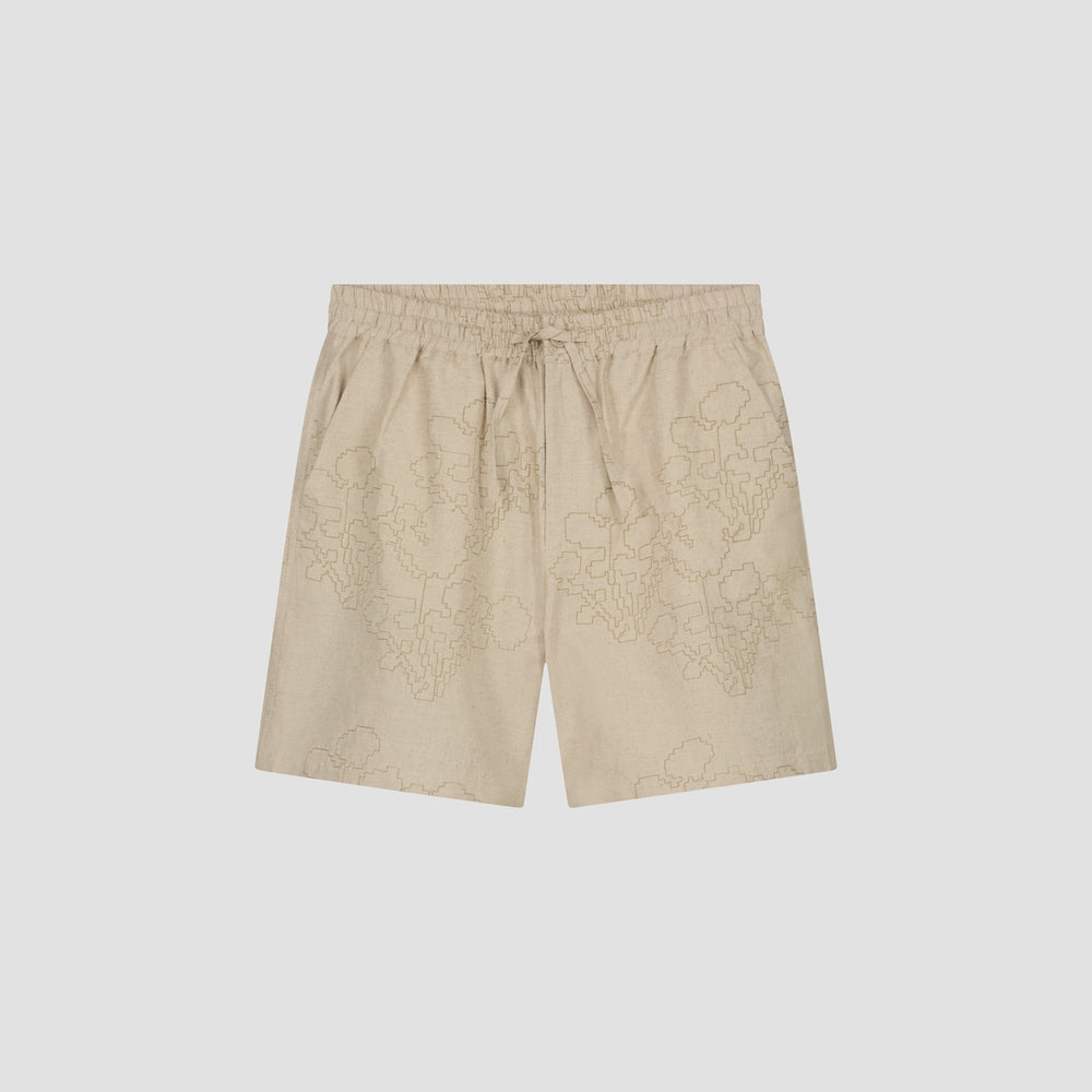 Drawstring Embroidered Linen Shorts - Light Beige