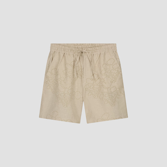Drawstring Embroidered Linen Shorts - Light Beige