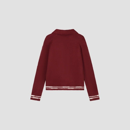 Striped Collar Polo Sweater - Bordeaux
