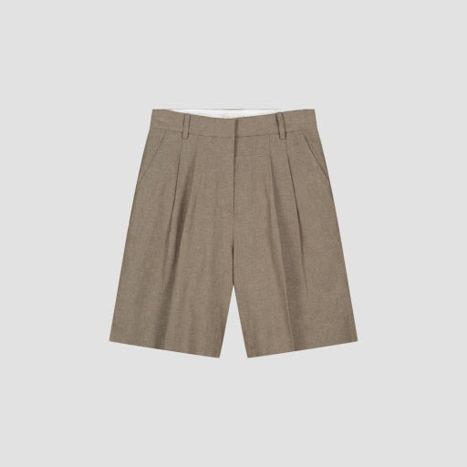 Pleated Wool Blend Shorts - Mink Brown
