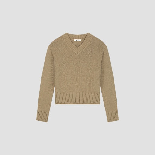 Cropped V-Neck Sweater - Tan