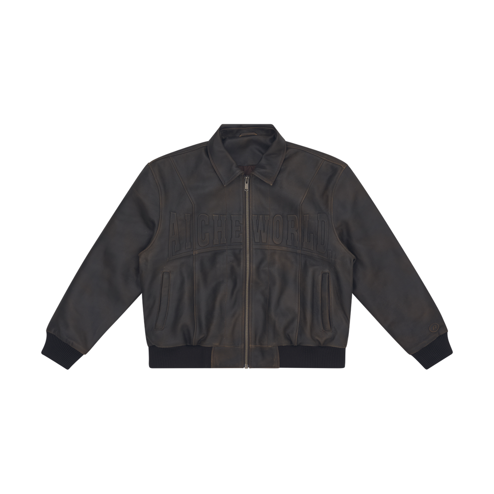 Embossed Leather Bomber Jacket - Brown