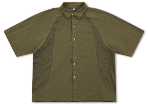 Mesh Panel Button-Up Shirt - Olive Green