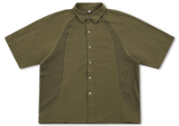 Mesh Panel Button-Up Shirt - Olive Green
