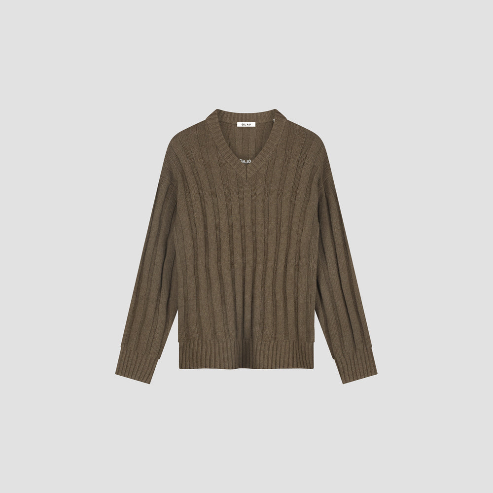 Ribbed V-Neck Sweater - Brown