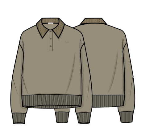 Long Sleeve Patterned Collar Polo - Olive Green