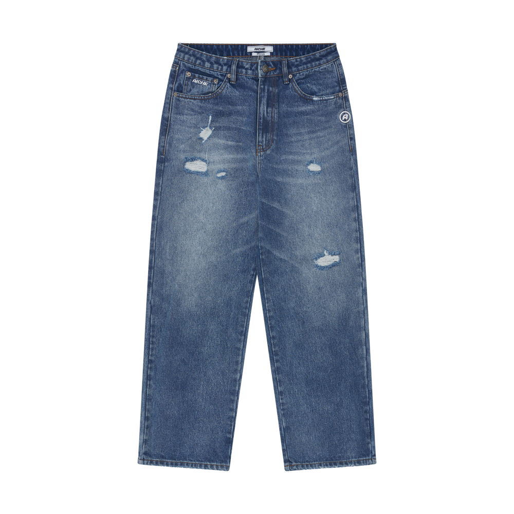 Distressed Wide Leg Jeans - Distressed Blue Denim
