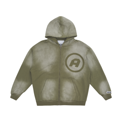 Washed Zip-Up Logo Hoodie - Olive Green