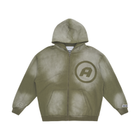 Washed Zip-Up Logo Hoodie - Olive Green