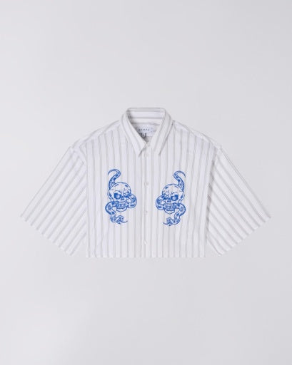 Cropped Embroidered Striped Shirt - White