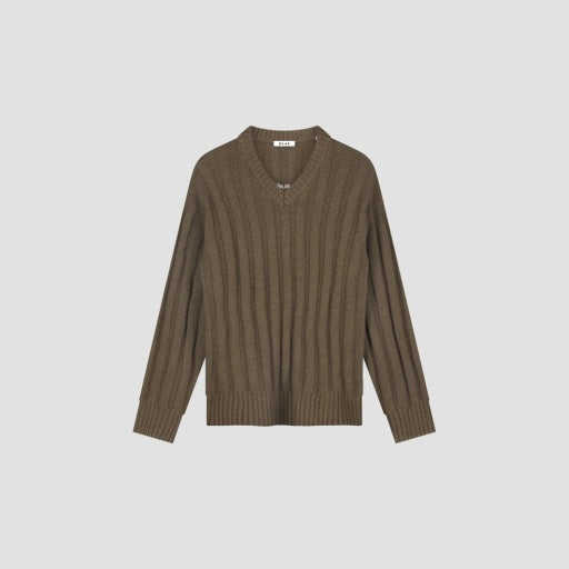 Ribbed Knit V-Neck Sweater - Olive Green
