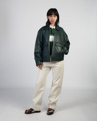 Faux Leather Boxy Jacket - Dark Green