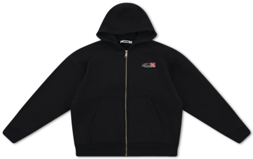 Embroidered Zip-Up Hoodie - Black