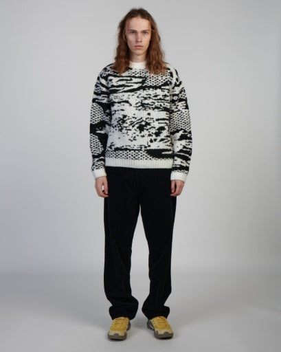 Patterned Knit Crewneck Sweater - Black/White Pattern