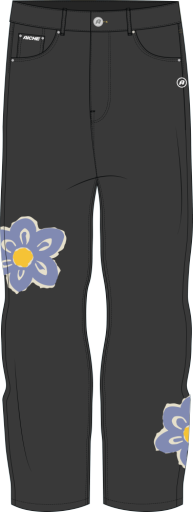 Loose Fit Floral Patch Jeans - Black