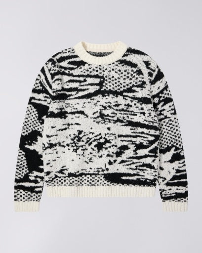 Patterned Knit Crewneck Sweater - Black/White Pattern