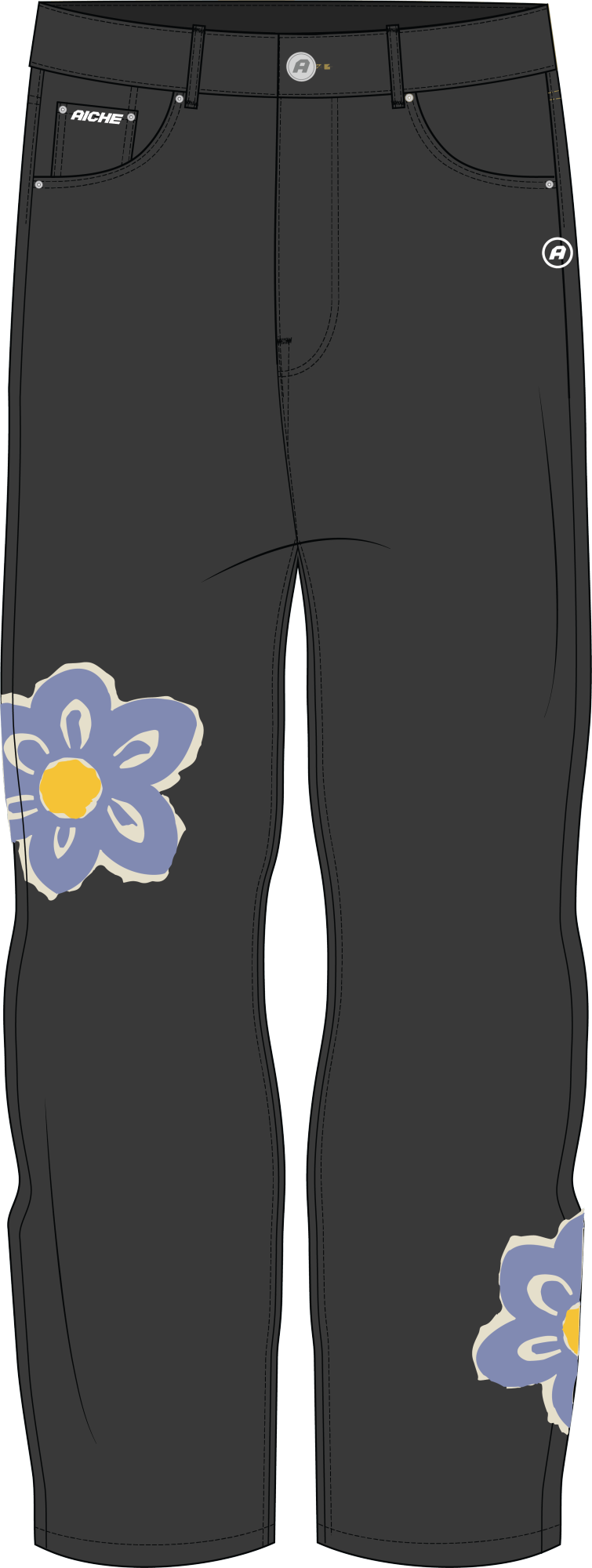 Floral Patch Wide-Leg Jeans - Dark Grey
