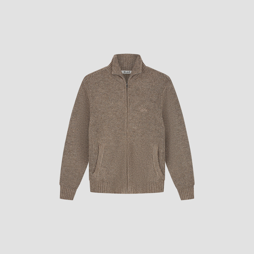 Rib Knit Zip Cardigan - Brown