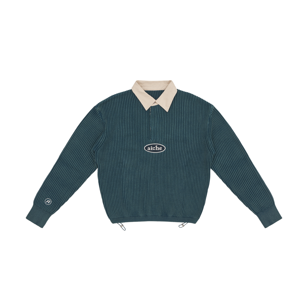 Ribbed Knit Quarter-Zip Shirt - Teal/Cream